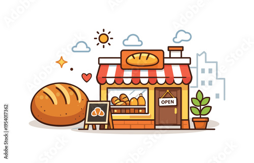 Local bakery storefront scene representing fresh bread production and welcoming neighborhood food culture where customers enjoy traditional baked goods, a round loaf of bread
