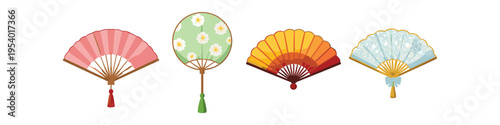 Collection of four decorative fans in various colors and styles, perfect for summer