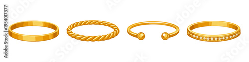 Collection of four elegant gold bracelets with different designs and embellishments