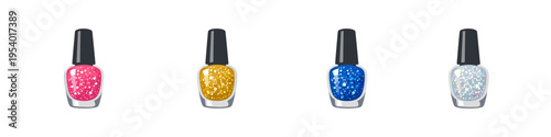 Four colorful glitter nail polish bottles arranged in a row on a white background
