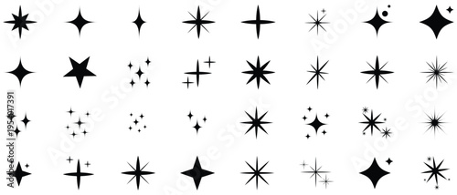 Collection of black starburst shapes and sparkles