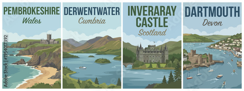 Vintage british united kingdom travel poster set. Including pembrokeshire, derwentwater, inveraray castle, and dartmouth devon. Retro vector illustration.