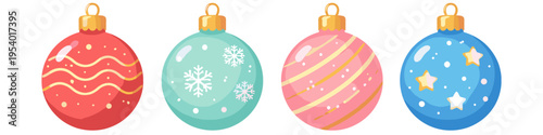 Four colorful Christmas ornaments with festive patterns and gold caps