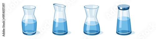 Collection of four clear glass carafes filled with blue liquid on a white background