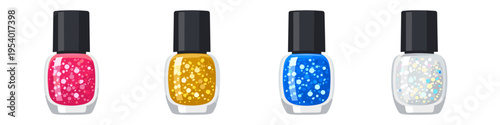 Four colorful glitter nail polish bottles with black caps on a white background