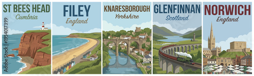 Vintage british united kingdom travel poster set. Including st bees head, filey, knaresborough, glenfinnan, and norwich landmarks. Retro vector illustration.