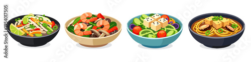 Four bowls of delicious Asian food, including noodles, shrimp, and tofu salads