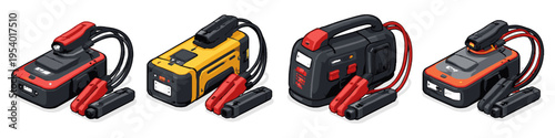 Set of four portable car jump starter battery packs with jumper cables