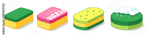 Collection of colorful cleaning sponges with different shapes and textures for household chores