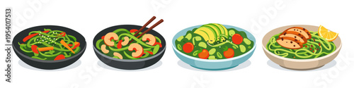 Four bowls of healthy green noodle dishes with various toppings and ingredients