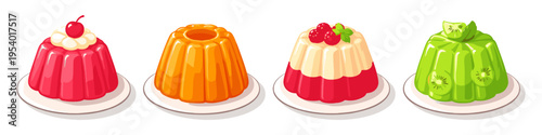 Collection of four colorful fruit jellies with toppings on white plates