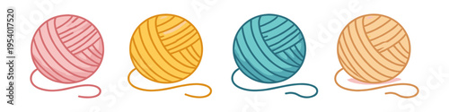 Collection of four colorful yarn balls with loose strands on a white background
