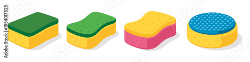 Collection of colorful cleaning sponges with different shapes and textures