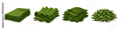 Various forms of dried seaweed sheets and shredded seaweed for culinary use