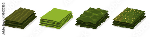 Collection of dried seaweed sheets, including kombu, nori, and seasoned varieties