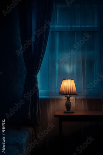 Interior of a small suburban bedroom with a lamp illuminating a wooden table, sheer curtains framing a window, and a cozy, moody ambiance