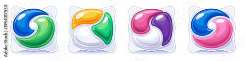 Four colorful laundry detergent pods with swirling liquid inside each