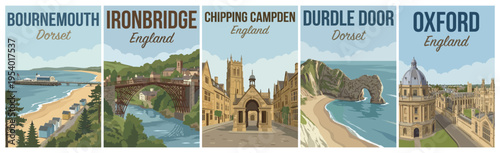 Vintage british united kingdom travel poster set. Including bournemouth, ironbridge, chipping campden, durdle door, and oxford university. Retro vector.