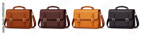 Collection of four classic leather briefcases in different colors and styles