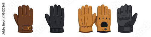 Collection of five different styles of illustrated gloves on a white background