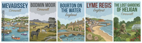 Vintage british united kingdom travel poster set. Including mevagissey, bodmin moor, bourton on the water, lyme regis, and gardens of heligan. Retro vector.