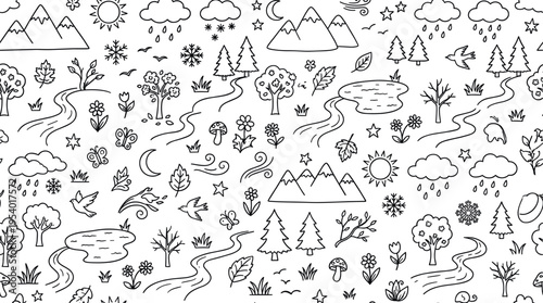 Four seasons nature elements theme with balanced outdoor vibe, doodle objects including mountains, trees, pine trees, flowers, leaves, sun, clouds, raindrops, snowflakes, wind