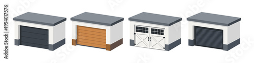 Collection of four isometric garage buildings with different door styles
