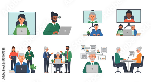 Diverse Business Professionals Collaborating Digitally: Remote Work, Video Conferencing, and Teamwork Illustrations