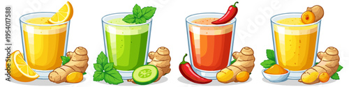 Four healthy detox drinks with ginger, lemon, cucumber, chili, and turmeric