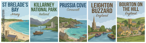 Vintage british and irish travel poster set. Including st brelades bay, killarney national park, prussia cove, leighton buzzard, and bourton on the hill. Retro vector.
