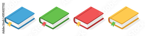 Collection of four colorful isometric books with bookmarks on a white background
