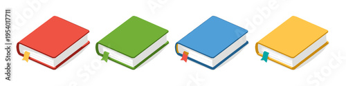 Four colorful isometric books with bookmarks, representing knowledge and learning