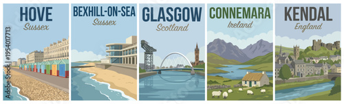 Vintage british and irish landscape travel poster set. Including hove, bexhill on sea, glasgow, connemara, and kendal. Retro vector.