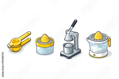 Collection of four different citrus juicers and reamers for making fresh juice