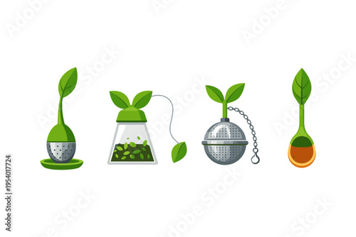 Collection of four unique tea infusers with green leaf designs and white background