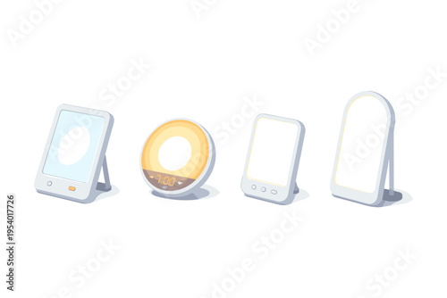 Collection of modern light therapy lamps and sunrise alarm clocks for wellness