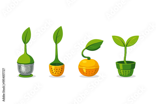 Cute cartoon tea infusers shaped like plants and fruit with green leaves
