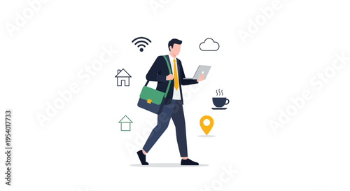 Modern Professional Working Remotely with Laptop & Connectivity Icons: Hybrid Work & Digital Nomad Lifestyle