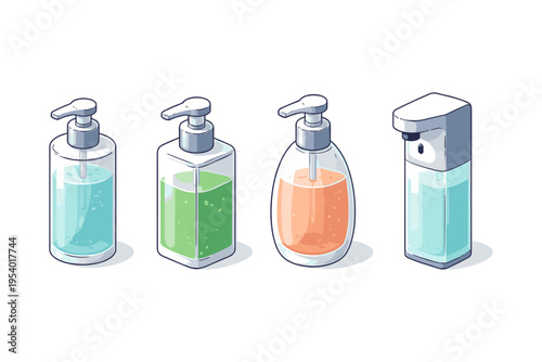 Collection of hand sanitizer bottles and dispenser for hygiene and cleanliness