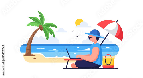 Man Working Remotely on Laptop at a Tropical Beach. Digital Nomad Lifestyle with Ocean View and Palm Tree.