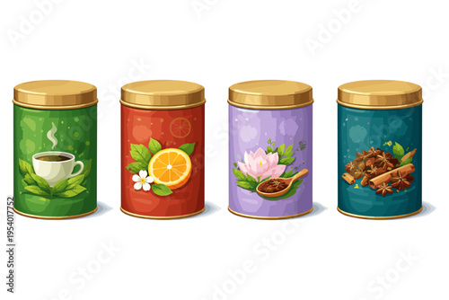 Collection of four decorative tins featuring tea and spice flavors