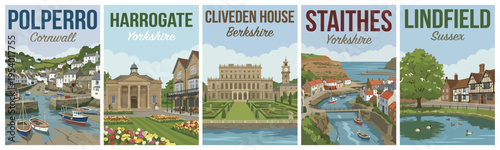 Vintage british united kingdom travel poster set. Including polperro, harrogate, cliveden house, staithes, and lindfield. Retro vector.