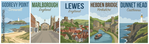 Vintage british united kingdom travel poster set. Including godrevy point, marlborough, lewes, hebden bridge, and dunnet head. Retro vector landscape illustration.