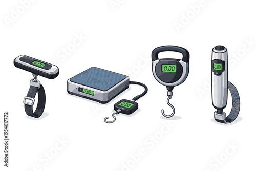 Collection of various digital weighing scales and luggage scales with digital displays