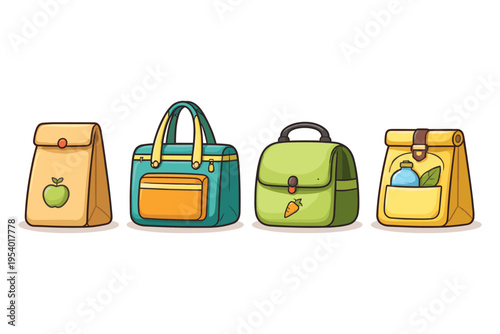 Collection of four diverse lunch bags and containers with cute cartoon illustrations