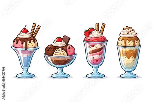 Collection of four delicious ice cream sundaes with various toppings and flavors