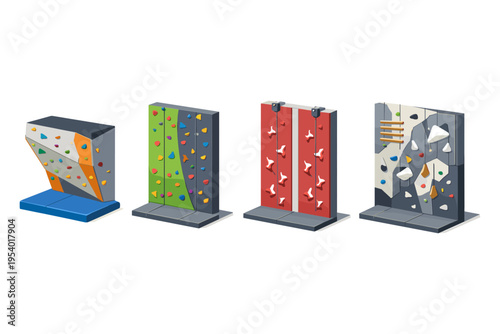Collection of four diverse indoor climbing walls with colorful holds and varied designs