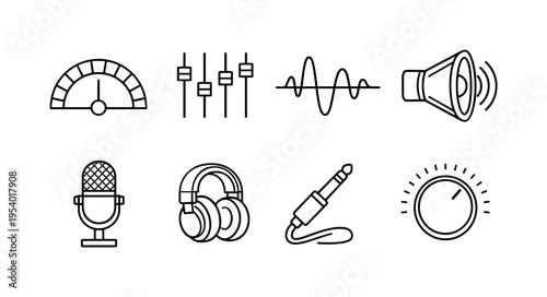 Audio control and measurement: semicircle level gauge, equalizer vertical sliders, frequency wave line, loudspeaker cone, studio microphone, headphone earcup, audio cable plug