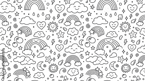 Rainbows and cute clouds theme with playful cheerful feel, doodle objects including rainbow arches, small rainbows, fluffy clouds, smiling clouds, star shapes, hearts, sparkles,