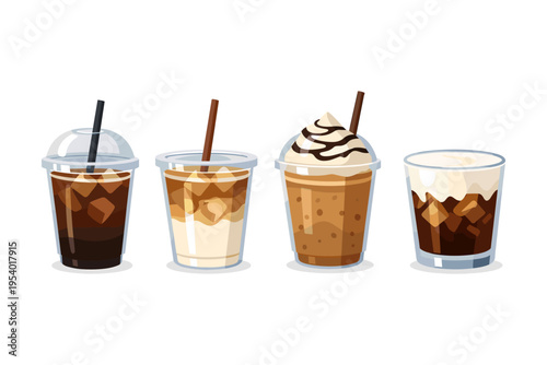 Collection of four iced coffee drinks with straws and whipped cream
